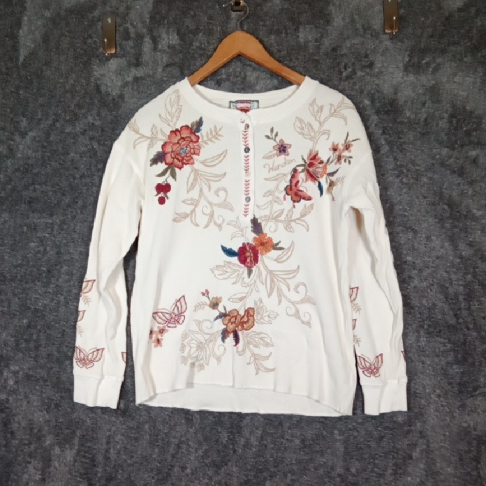 Johnny Was Taline Top Embroidered Waffle Knit Thermal Henley Boho Sz M